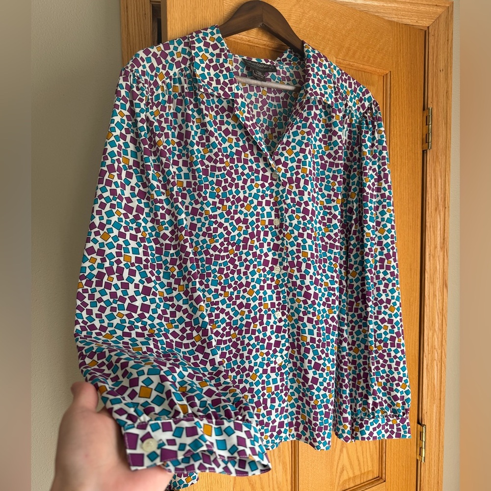 Vtg Haberdashery II Leslie Fay Geometric Blouse Plus Size 24W Purple Teal Yellow